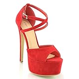 16.8 CM Pfennigabsatz ESSEX GLAM - Damen Riemchen Plateau Sandalen Stiletto Absatz - 4 UK / 37 EU / 6 US, Rot Wildlederimitat