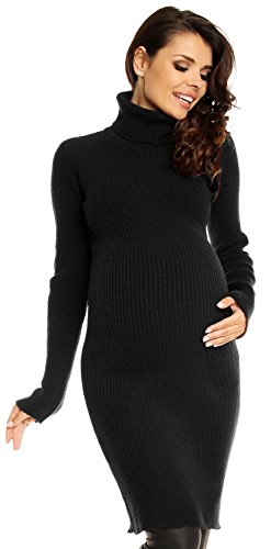 Zeta Ville Women's Maternity Stretch Warm Knit Bodycon Dress Polo Neck - 417c (Black, 8/12)