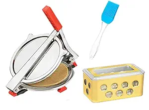 Giftswrap Kitchen Combo of Stainless Steel Puri/Roti Maker Press, Silicone Spetula Oil Brush and Plastic Butter Pot