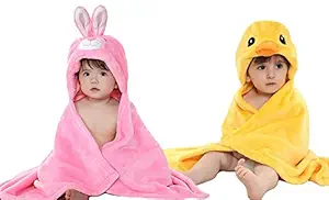 MY NEWBORN Babys Fleece Bath Towel Hooded Wrapper (Duck Yellow, Pink Rabbit) - Pack of 2