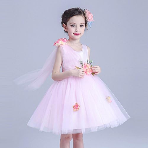 RENQINGLIN The Shoulders Short Skirt Ribbon Flower Flower Children Stage Dress 100Cm-160Cm,Pink,100Cm