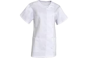 SNV blouse médicale femme coton blanc avec encolure arrondie Tunique manches courtes boutons pressions avec 3 poches dont 1 poitrine blouse de travail aide soignante, infirmière, blouse estheticienne...