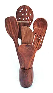 Woodykart Wooden Spoon Set with Barrel Shaped Spoon Holder/Stand Set of 8(7spoons+1 Holder/Stand)