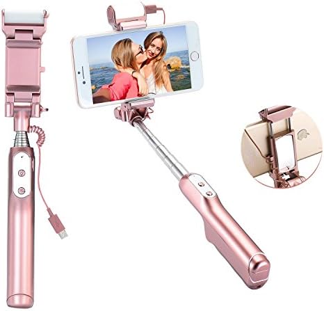 Bluetooth Selfie Stick, Bbtops Extendable Selfie Stick Bluetooth Monopod with Rearview Mirror and LED Fillight, Mount 270 Degree Rotation Multifunctional Smartphone Holder for iphone X/8/8 plus/7/7plus,Samsung S7/S6/S5 and Most Phones-Rose Gold