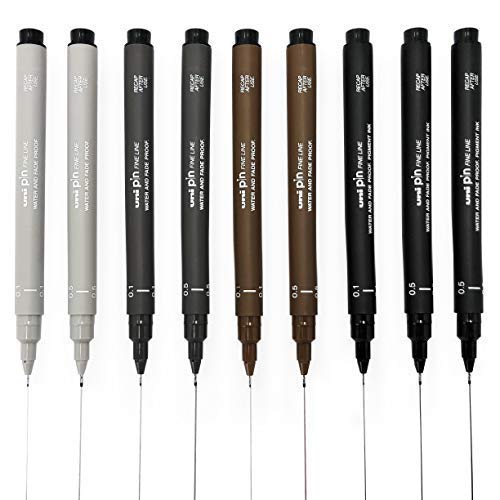 Uni Pin Fineliner Rotulador de Dibujo - Set de Dibujo - Negro, Gris Oscuro, Gris Claro, Sepia - 0.1 / 0.5mm - Set Of 9
