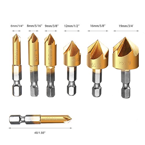Kegelsenker Countersink Set von Baban HSS Senker Versenker Bohrer Holz Metall 6pcs 5 Flöte hat 90 ° Zähler Sinken Chamfer Cutter 1 / 4 “ 6-19mm - 2