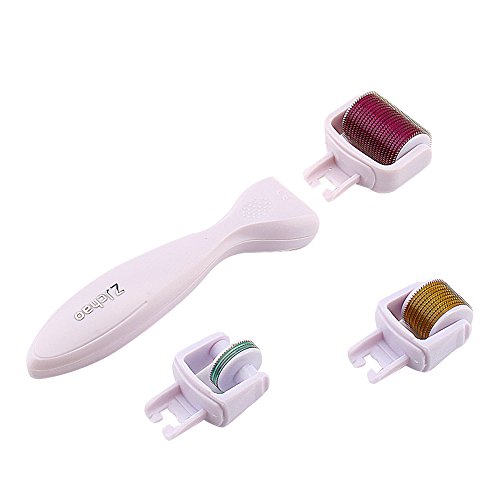 ZJchao 3 in 1 Derma Micro Needle Roller Titanium Alloy with 3 Separate Roller Heads of Different Needle Count 180c/600c/1200c for Eyes Face Body Wrinkles, Fine Lines, Blackheads, Acne Scars, Enlarged Pores, Cellulite and Stretch Mark Removal (0.5mm 1mm 1.5mm)Size Made of Sterilized Titanium