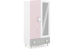 ‎MÖBELANDO möbelando Prinzessin Kinder Kleiderschrank mit Himmelssternen und Ganzkörperspiegel, 2 Türen, 1 Schubkasten, 2 Kleiderstangen, Massivholzfüße - 89x185x50 cm (B/H/T), Rosa/weiß/grau #einfach zuckersüß