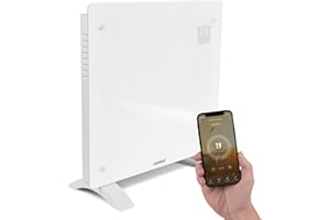 VONROC Termoconvettore Elettrico 1000W, Pannello in Vetro, Controllo Smart, Timer, Modalità Eco e Antigelo, IP24, per Riscaldamento Casa, Montaggio a Parete o Portatile Bianco