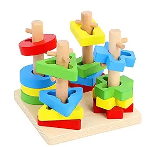 Smoneo Wooden 4 Shape Sorting & Stacking Toys for Toddlers, Montessori Color Recognition Stacker, Early Educational Blocks Puzzles 1-3 Years Old Age Boys and Girls (4 Shapes)
