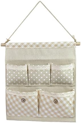 Tandi Linen/Cotton Fabric Wall Door Closet Hanging Storage Bag Case 5 Pocket Home Organizer White Polka Dots