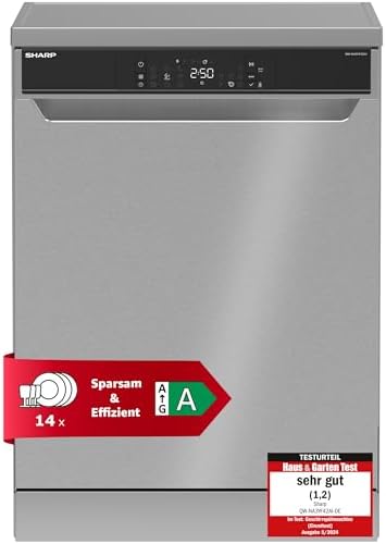 Sharp Lavastoviglie autoportante, 60 cm, lavastoviglie, 14 coperte, 9 programmi, AquaStop, motore inverter, silenzioso 42 dB, lavastoviglie 60 cm, QuickWash EcoWash
