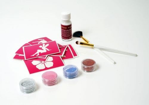 Glitter tattoo kit with Professional Adhesive, 2 Brushes, 4 Glitter Girls 9x Tattoo Stencil