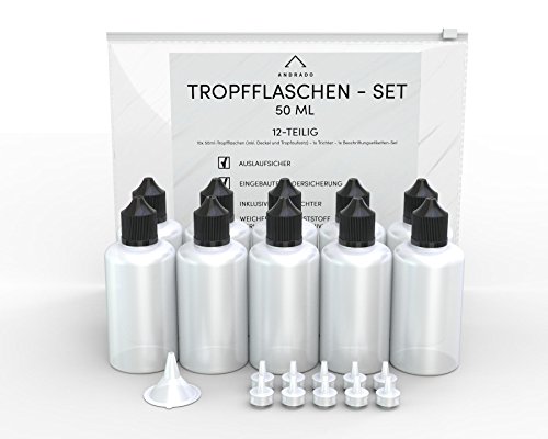 50ml Tropfflaschen (12-teilig) von ANDRADO – LDPE-Quetschflasche/Plastikflaschen + Trichter + Etiketten - universell als Liquid-Flasche - auslaufsicher, Kindersicherung