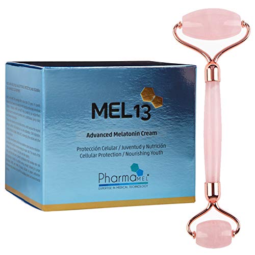 Pharmamel MEL 13 Crema Facial con Melatonina y Q10, Mel13 Protección Celular, Juventud - Nutrición - 50 ml y Rodillo de Masajeador Facial Antiedad Antienvejecimiento