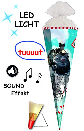 Schultüte - " Eisenbahn - Lokomotive " - 22 / 35 / 50 / 70 / 85 cm - Zuckertüte Roth - ALLE Größen - rund oder eckig - mit / ohne Holzspitze - für Jungen / Geschenktüte / Lok Bahn Zug - Schiene - Dampflok / Fahrzeuge