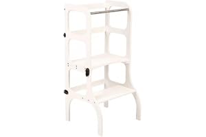 Ette Tete Ihopfällbar stegpall med sittfunktion, 45 cm ståhöjd, Step'n'Sit, hjälptorn med sits och nedfällbart bord, björkträ, UV-lackerat, vit med mässingsbeslag