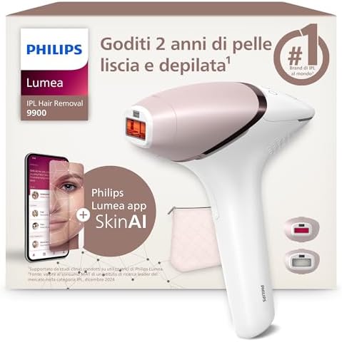 Philips Lumea Serie 9900, dispositivo di depilazione IPL, alternativa alla depilazione laser, tecnologia SenseIQ e SkinAI, 2 accessori per corpo e viso, BRI950/02