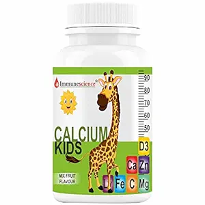 Immunescience Calcium Tablets For Kids With Vitamin D3 (Vit d), Magnesium, Zinc, Vitamin C, L lysine Multivitamin Supplement for strong Bone, Teeth, Immunity, Growth and Development- 60 Tablets