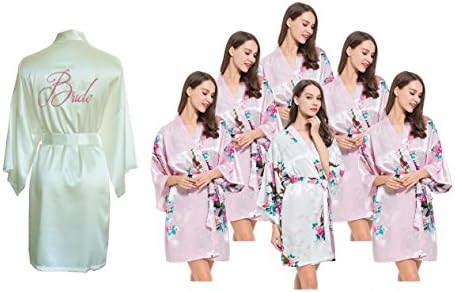 Hen Party Pack-Set of 7 Satin Kimono Dressing Gowns/Robes- 1 Ivory Embroidered "BRIDE"(w/Pink Thread) &amp; 6 Pink w/ Peacock Design, Wedding Gift/Favour for Bride &amp; Bridesmaids