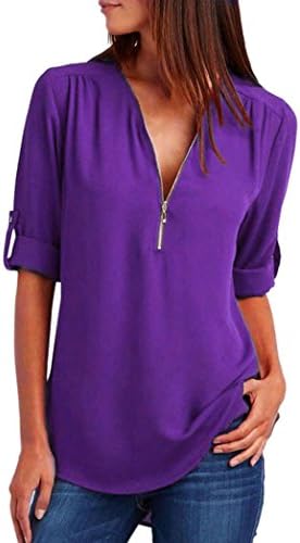 Toamen Women's Fashion Blouse, Women Girls New Sexy Simple Zipper Design Solid Long Sleeve Casual Tops Blouse T-Shirt (Purple, Size M/Bust 38.6")