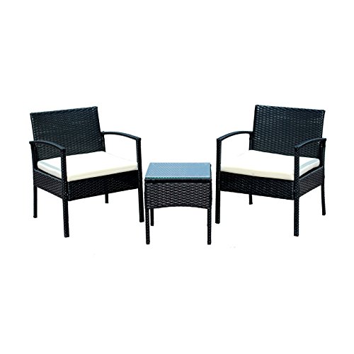 Conjunto de Muebles Poli Ratán para Jardin Patio Terraza o Hogar 3 Piezas 1 Mesa de Café 2 Sillas / Negro