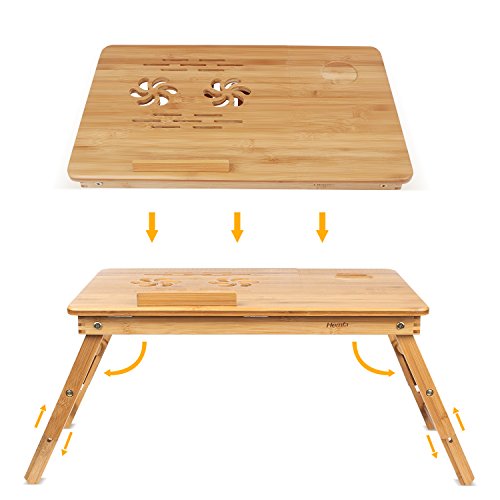 HOMFA Bambus Laptoptisch Betttisch Notebooktisch Notebook Lese Tisch Knietisch Höhenverstellbar mit Kühler 55*35*(22-30)cm - 2