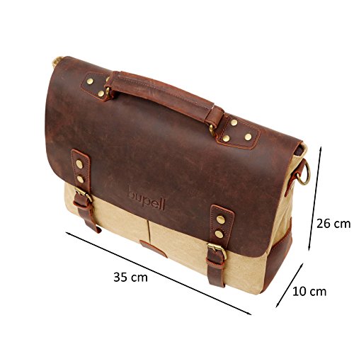 bupell Umhängetasche für Laptop und Akten aus echtem Büffel-Leder und Canvas – Für Notebooks bis 14″ – Unisex Vintage Messenger Bag, Aktentasche, Schultertasche, Notebooktasche – - 2