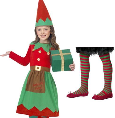 Blue Planet Fancy Dress ® Childrens Kids Girls Elf Santas Little Helper Costume &amp; Tights (Medium 7-9 Years)