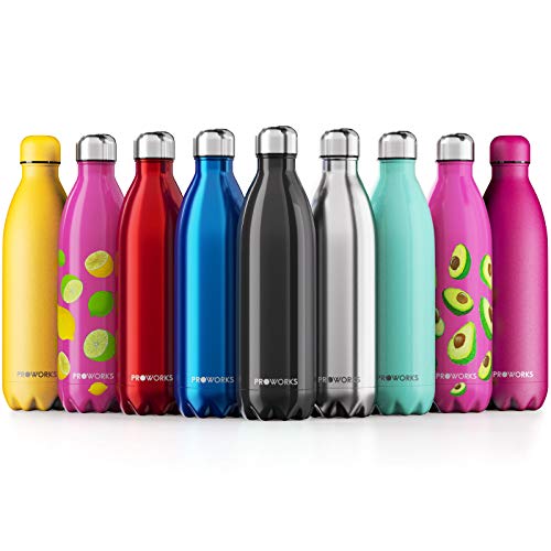 Proworks Bottiglia Acqua in Acciaio Inox, Senza BPA Vuoto Isolato Borraccia Termica in Metallo per Bevande Calde per 12 Ore & Fredde 24 Ore, Borraccia per Sport, Lavoro e Palestra - 1 Litre - Nero
