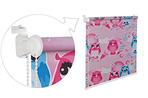 KINDERFENSTERROLLO EULE PINK 90 CM BREIT 150 CM LANG ROSA WEISS BLAU SICHTSCHUTZROLLO INKL. SEILZUG FENSTERROLLO 90x150 CM KINDERROLLO KINDERZIMMER