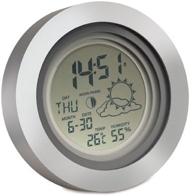 Wireless Weather Station with Clock and Hygrometer – weather forecast, Moon Phase Display, Day of the Week, Calendar, With Wall Bracket and Stand, C + F, Alarm with Snooze Function Plastic Silver/Grey, Gift Boxed, CE