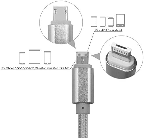 One Plug USB Cable for Android and iPhone, 3.3FT Reversible Micro USB Cable and Lightning Cable Nylon Braided 2 in 1 Joined Cord Both Charge and Data Transfer for Android / iOS / GPS / MP3 (silver)