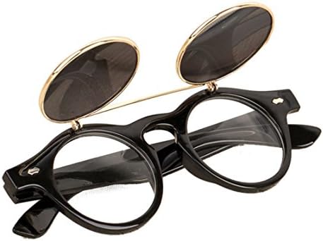 NING Vintage Steampunk Goth Goggles Glasses Retro Flip Up UV400 Round Sunglasses for Man Women (C)