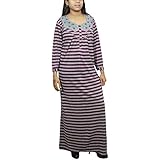 Indiatrendzs Women Nighty Stripes Print Purple Grey Long Winter Sleepwear L