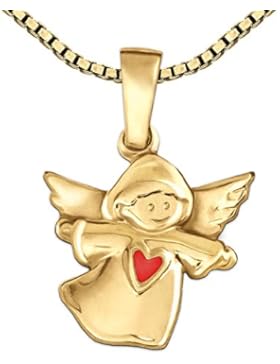 CLEVER SCHMUCK-SET Goldener Anhänger Kinderengel glänzend mit Herz rot 333 GOLD 8 KARAT mit vergoldeter Kette...