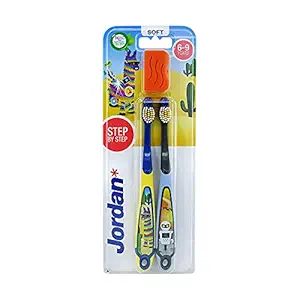 Jordan Children 6-9 Years Kids toothbrush twin pack BPA Free toothbrush with Travel Case (Multi color with Travel Case - Pack of 2)