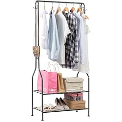 LANGRIA Portemanteau avec Rangement Chaussures Portant vêtemen Meuble d'Entrée 2 Paniers Vestiaire en Métal Rangement Polyvalent 4 Crochets pour Maison Bureau Chambre SDB, Noir
