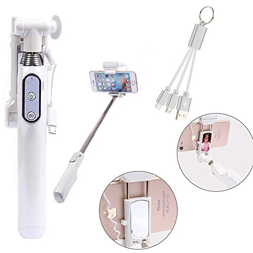 Selfie Stick, Vandot Bluetooth Selfie-Stick mit 360 Grad LED Füllen Fill Licht Camera Light Mirror Spiegel Selfie-Stange Bar Stange Leuchtend Dimmbare Fotolicht Nacht Stativ Erweiterbare und Faltbare Einbeinstativ Extendable Selfie Stick Monopod [Integrierte Bluetooth-Fernbedienung] Rückspiegel Handyhalterung für Smartphone iPhone Android Kamera Huawei HTC Sony Samsung Galaxy + Schlüsselbund Datenkabel - Weiß