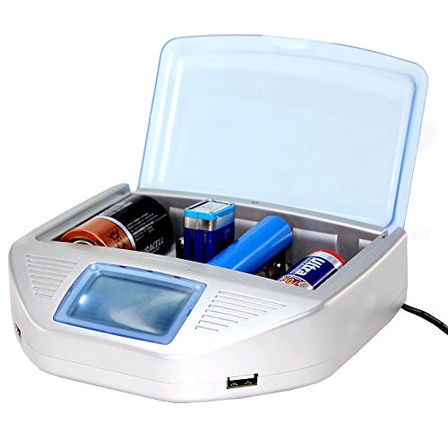 Chargeur Universel de Piles - Détection Automatique de Pile: Lithium, Ni-MH, Ni-CD, Ni-AL, 9V, Alcalines jetables + 2 Ports USB.