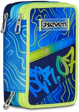 Seven Astuccio Scuola Elementare, 3 scomparti, Medie, con Matite, Pennarelli, Penne, 3 Zip, Nuanced Blue, Bambino, Ragazzo, giallo/blu