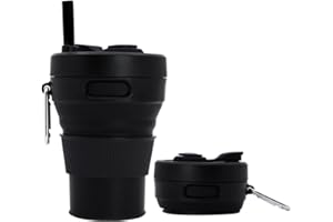 UNNESTAR Silikonowy kubek do kawy składane kubki na kemping, składany, podróżny ze słomką, wielokrotnego użytku, przenośne kubki do picia na świeżym powietrzu, wędrówki, 450 ml, czarny, 450 ml, 1