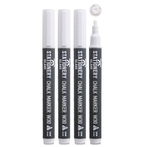 Stationery Island Kreidestift W30 3mm Feine Rundspitze – Weiß Feucht Abwischbare Kreidemarker 4er Set