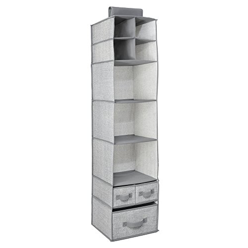 mDesign Stoff Hängeaufbewahrung und Kleiderschrank Organizer – Aufbewahrungssystem mit 7 Fächern und 3 Schubladen für Kleidung, Schuhe und Accessoires – grau - 4