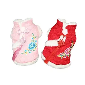 Delifur Dog Tang Costume with Peony Pattern Pet Winter Coat Happy Year Qipao Costume Tang Dynasty Cat Dress for Schnauzer Teddy French Bulldog (XS, Red)