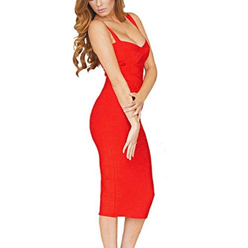 HLBandage Women's Spaghetti Strap Midi Bandage Dress(S,Rosso)