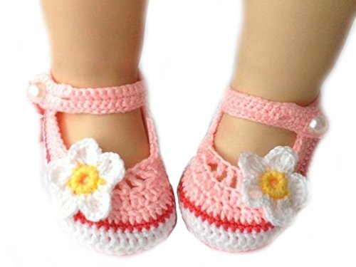 TinkSky Cute Cartoon Flower Style Baby Newborn Toddler Infant Girls Hand-knitted Wool Crochet Shoes Crib Shoes (White+Pink)