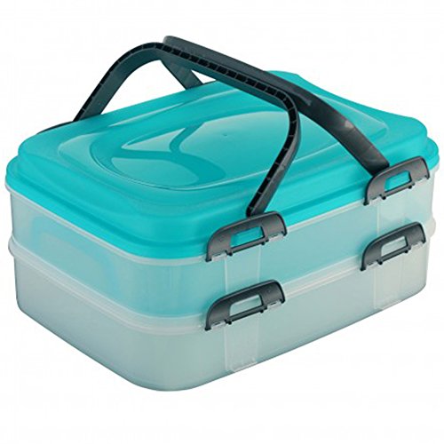 COM-FOUR® Partycontainer Transport-Box, Kuchenbehälter und Lebensmittelbox mit 2 Etagen und Hebeeinsatz, in türkis
