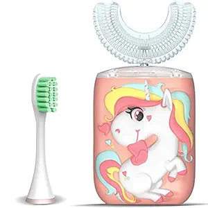 Kids Toothbrush Electric, U Shaped Ultrasonic Autobrush Toothbrush with 2 Brush Heads, Six Cleaning Modes, Cartoon Modeling Design for Kids, Special for Birthday Gift (Pink)