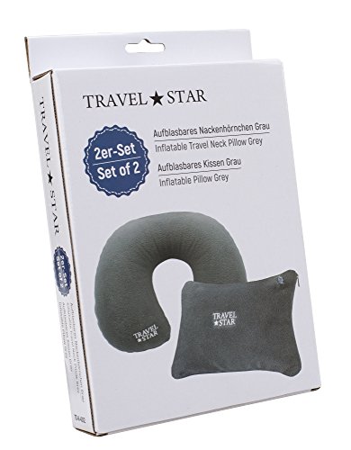 2er Set: Aufblasbares Nackenhörnchen + Kissen mit Fleece-Bezug (Grau) - 7